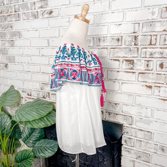 K. Jordan Bright Pink & Blue Embroidered Floral Off Shoulder Tassel Boho Top M - Picture 7 of 10